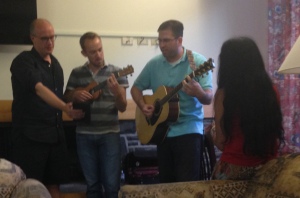 Will Matthews, Felix Leditzky, me, and Nilanjana Datta (facing away) singing